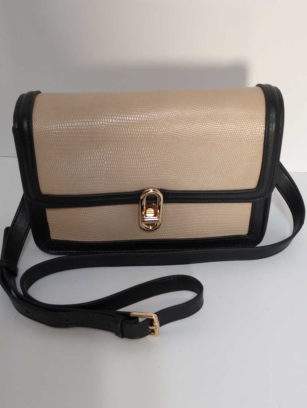 Jules Kae Vegan Lizard Embossed Crossbody Bag Beige Black Gold Lock